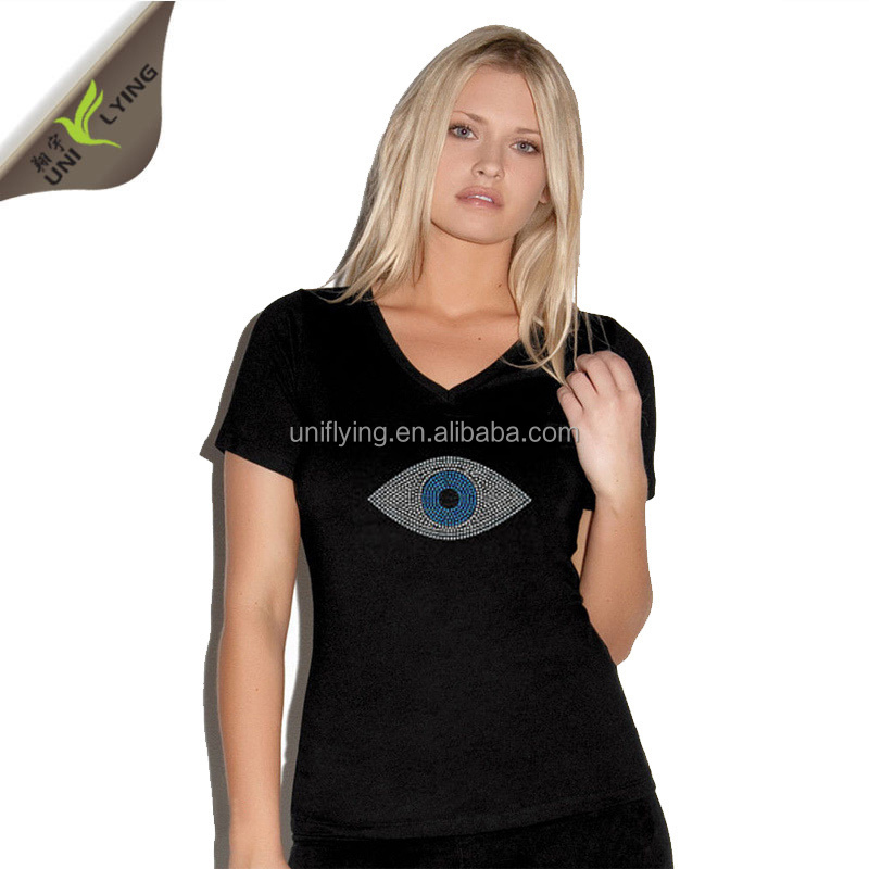 Personal Custom Evil Eye Rhinestone Transfer Design Iron On Cotton Black V-neck Women T-shirt Wholesale