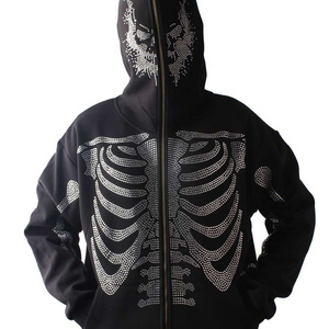 Wholesale Factory Custom Rhinestone Hoodies Fleece Bling Skull Skeleton Logo Design Full Zip Up Rhinestone Hoodies