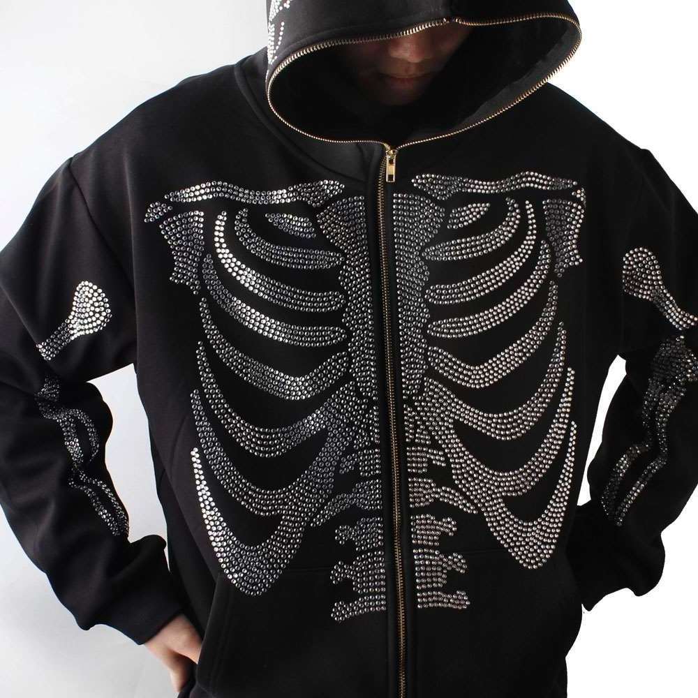 Wholesale Factory Custom Rhinestone Hoodies Fleece Bling Skull Skeleton Logo Design Full Zip Up Rhinestone Hoodies