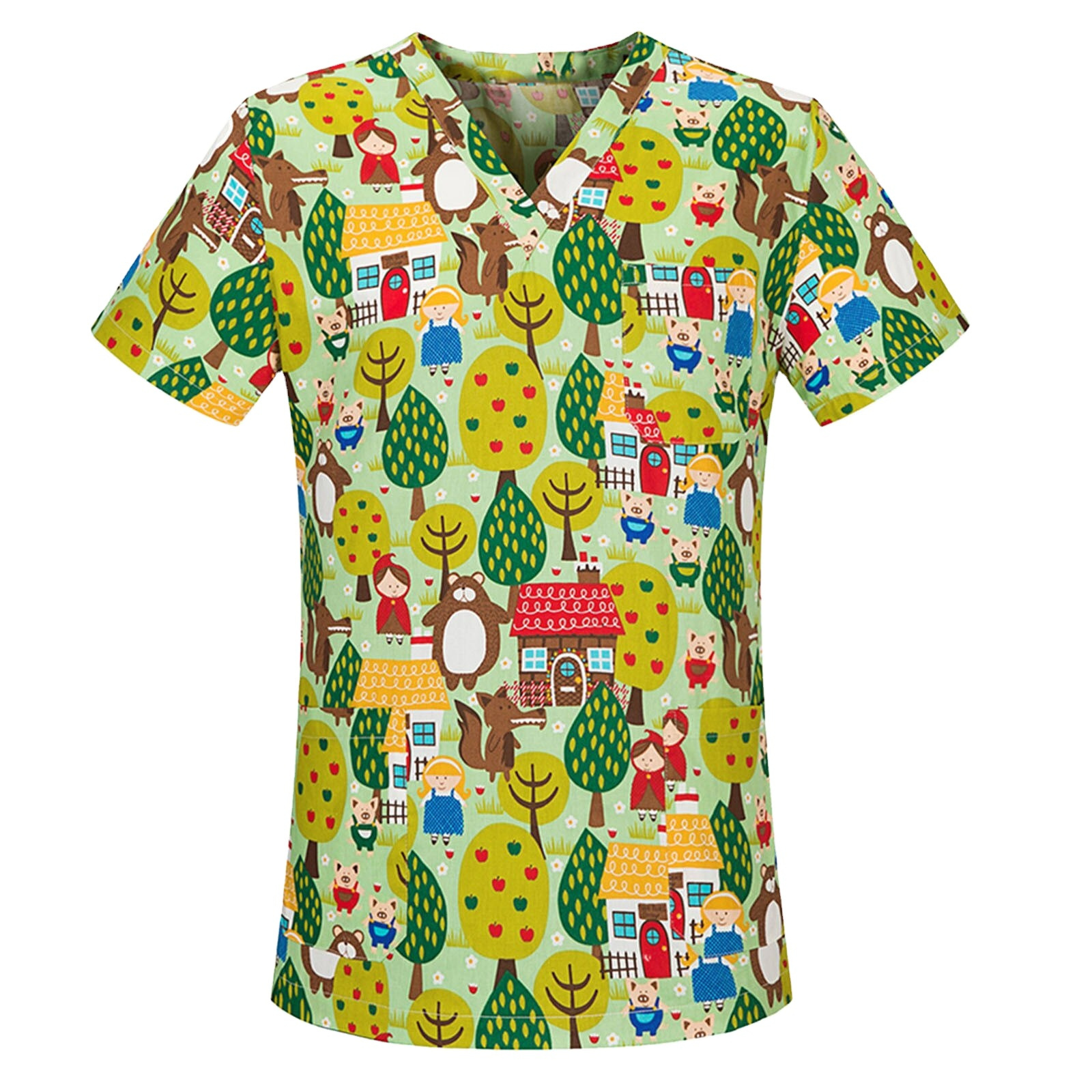 Nurse Uniform Tops Cartoon Pattern Print Short Sleeve V-neck T-shirts Nursing Workwear for Women Nurse Scrub Shirt