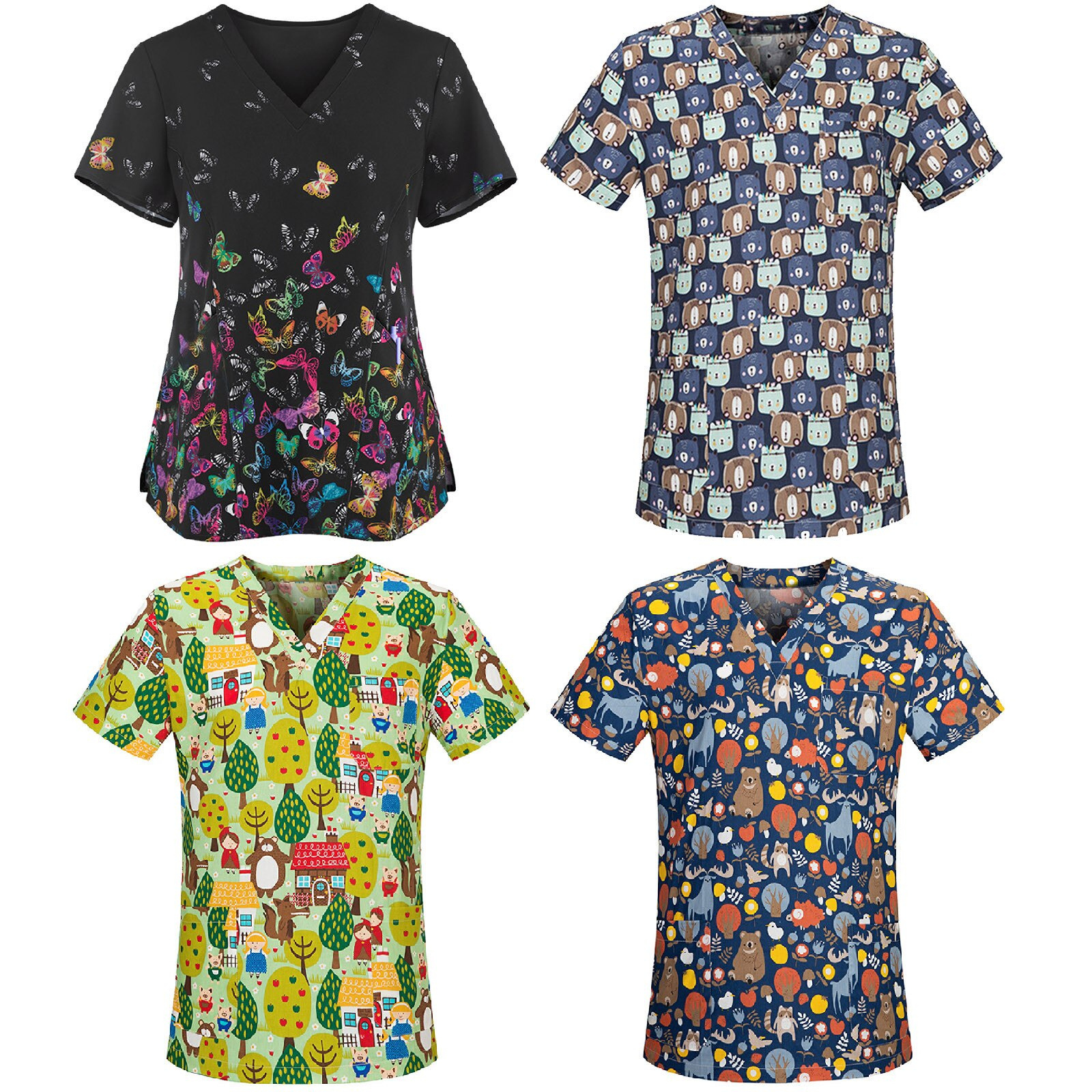 Nurse Uniform Tops Cartoon Pattern Print Short Sleeve V-neck T-shirts Nursing Workwear for Women Nurse Scrub Shirt