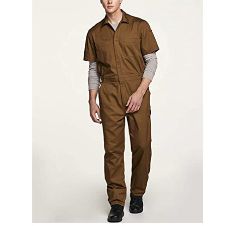 Men Short Sleeve Wrinkle Resistant Worksuit Coverall Action Back Jumpsuit With Zipper and Multi Pockets