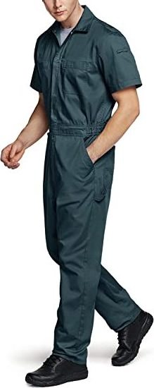 Men Short Sleeve Wrinkle Resistant Worksuit Coverall Action Back Jumpsuit With Zipper and Multi Pockets