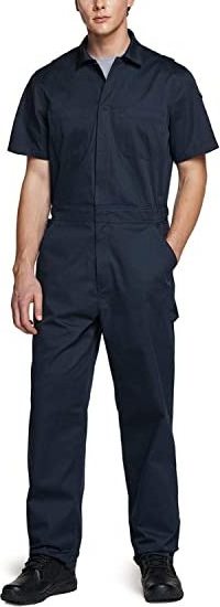 Men Short Sleeve Wrinkle Resistant Worksuit Coverall Action Back Jumpsuit With Zipper and Multi Pockets