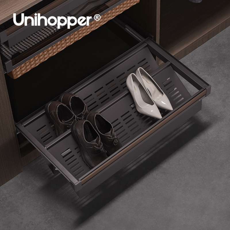 Unihopper Modern Wardrobe Shoe Cabinet Storage Glass Panel Soft Closing Adjustable Pull Out Sliding Shoes Rack