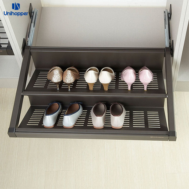 Unihopper modern adjustable 2 tier soft closing pull out sliding wardrobe cabinet storage shoe closet shoe rack for closet