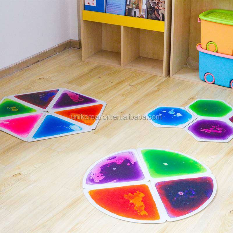 Nontoxic PVC 3d Puzzle Liquid Floor Kindergarten Playroom Fancy Sensory Fusion Tile Mix Color Round Liquid Tile Shapes