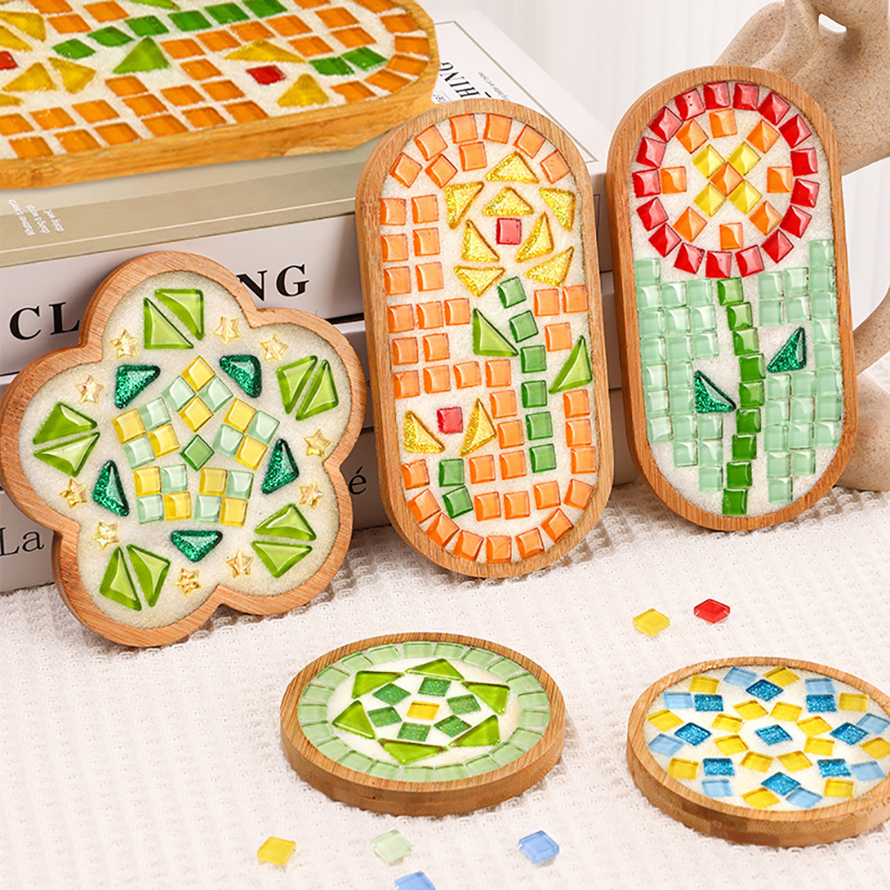 Handmade DIY Material Bamboo Creative Art and Craft Glass Mosaic Tiles Coaster Craft Kit With Wooden Mold