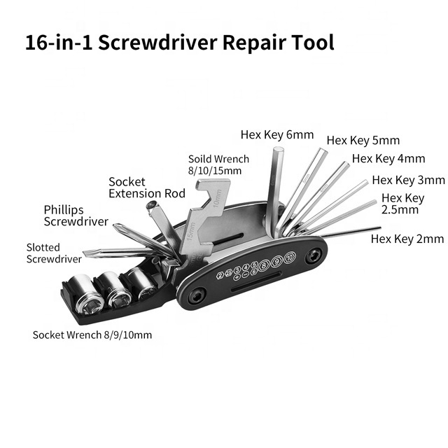 Multifunctional Bike Repair Tool Kits 16 in 1 Screwdriver Bicycle Mechanic Fix Tools Set Bag with Tire Patch Levers and Pump