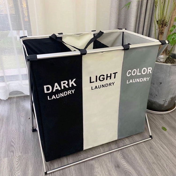 3-Section Printed Dark & Light PE Plastic Laundry Basket Foldable Hamper Sorter with Aluminum Frame Home Washing Clothes Storage