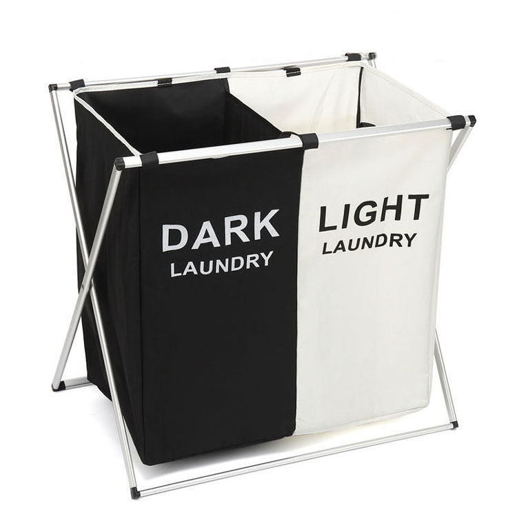 3-Section Printed Dark & Light PE Plastic Laundry Basket Foldable Hamper Sorter with Aluminum Frame Home Washing Clothes Storage