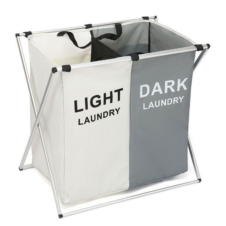 3-Section Printed Dark & Light PE Plastic Laundry Basket Foldable Hamper Sorter with Aluminum Frame Home Washing Clothes Storage