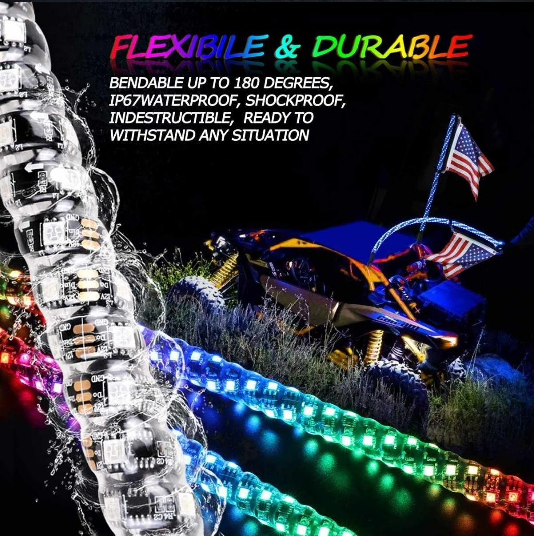 Mining buggy led whip lights remote control whip Led Antennas safety 360 RGB spiral light whip for ATV UTV RZR Truck Motorcycle