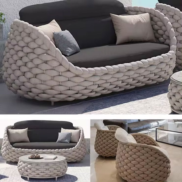 Light Luxury 2 Seater Wicker Wrapped Outdoor Sofa Set With Coffee Table Patio Loveseat