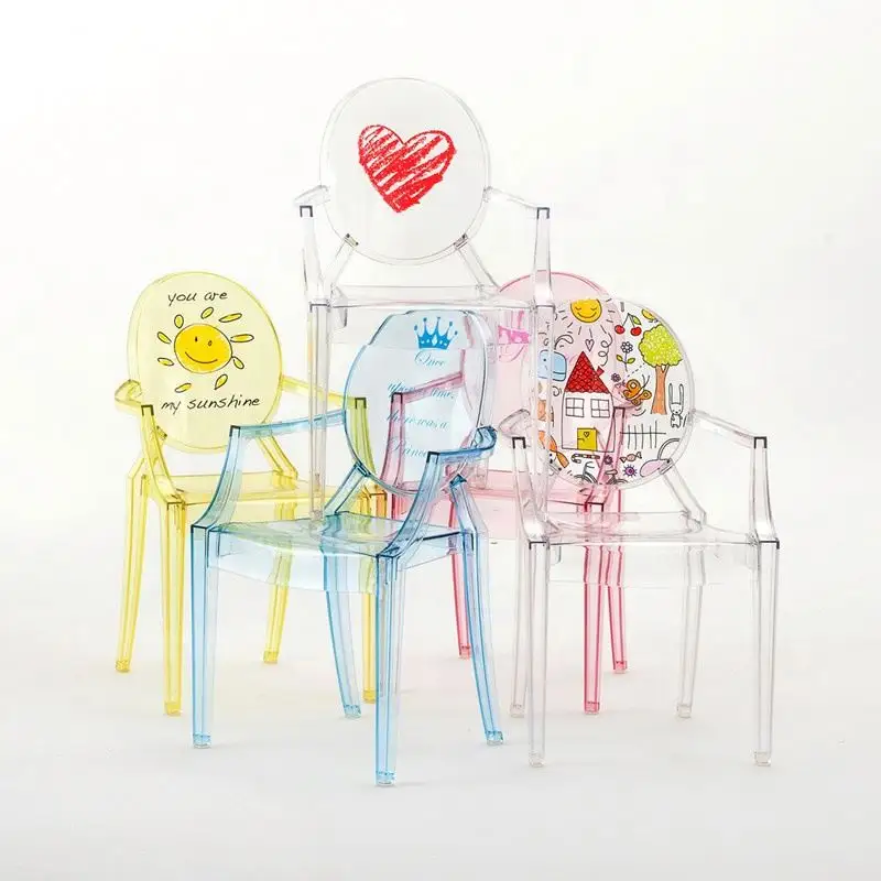 High quality colorful cute stackable plastic acrylic transparent children party chair kids armrest chair for event