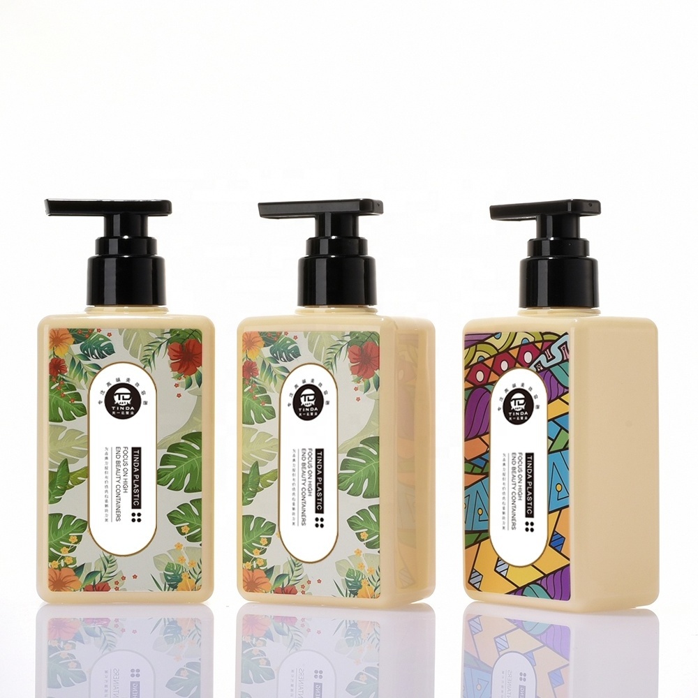 Custom wholesale 310ml square body lotion/shampoo/shower gel plastic pump cosmetic PET bottle packaging