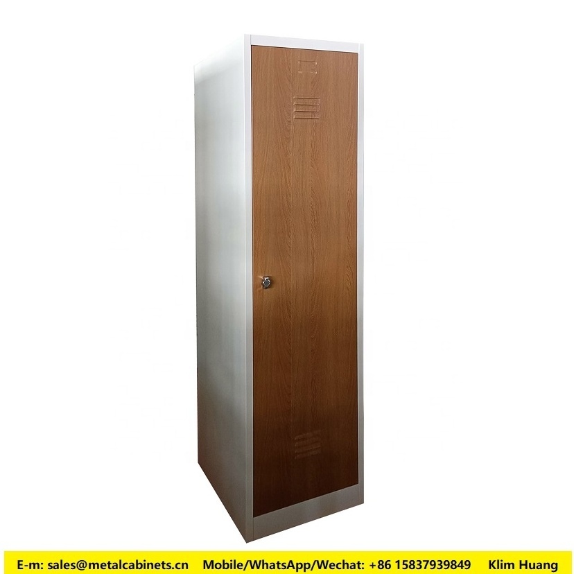 Bedroom single door steel narrow nursery wardrobe 40cm wide wooden finish 1 door pantry cupboard metal locker cabinet padlock