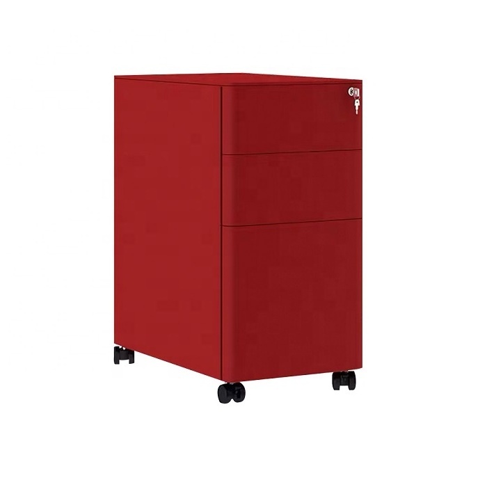 Narrow under desk movable file cabinet 3 drawer metal slim office note pedestal cabinet wheeled container box with curved door