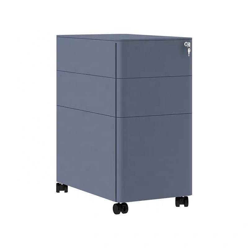 Narrow under desk movable file cabinet 3 drawer metal slim office note pedestal cabinet wheeled container box with curved door