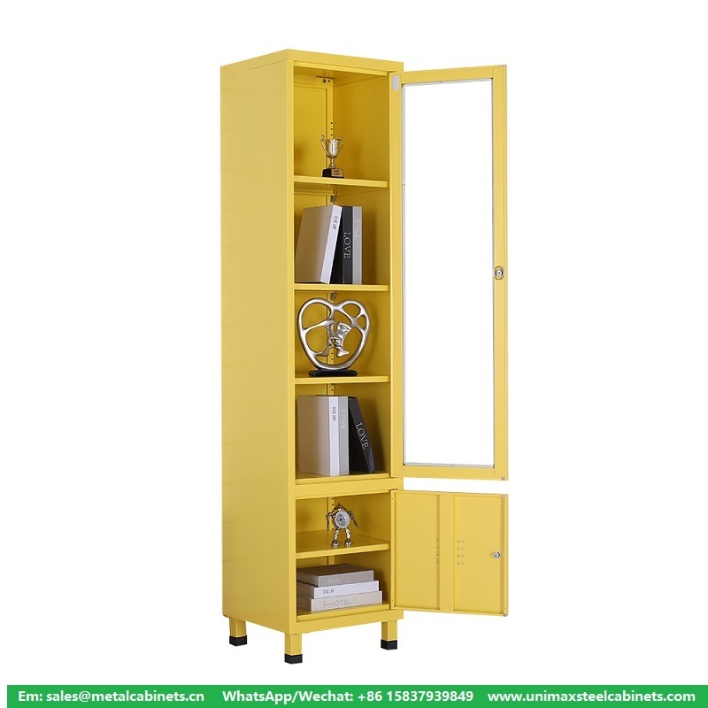 Tall Thin metal wall cabinet with glass door and adjustable shelves Slim cupboard bathroom