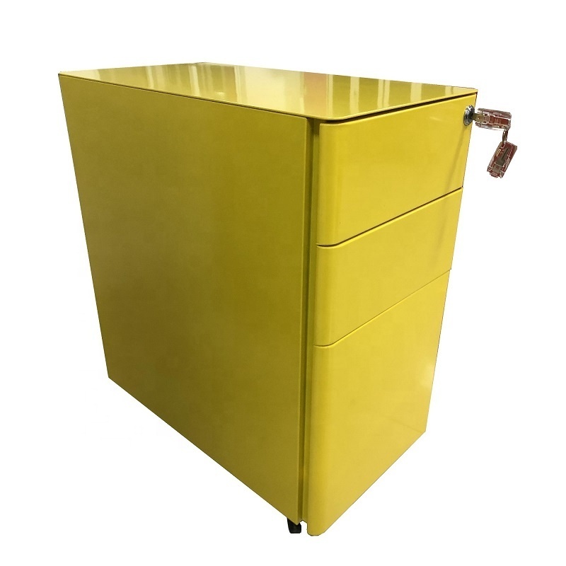 Narrow under desk movable file cabinet 3 drawer metal slim office note pedestal cabinet wheeled container box with curved door