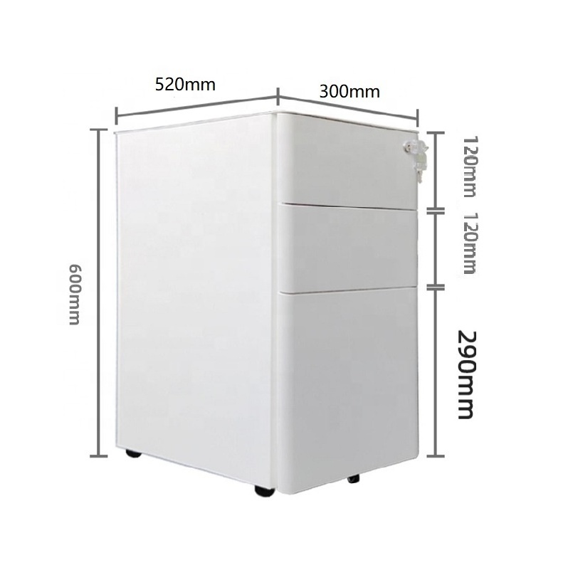 Narrow under desk movable file cabinet 3 drawer metal slim office note pedestal cabinet wheeled container box with curved door