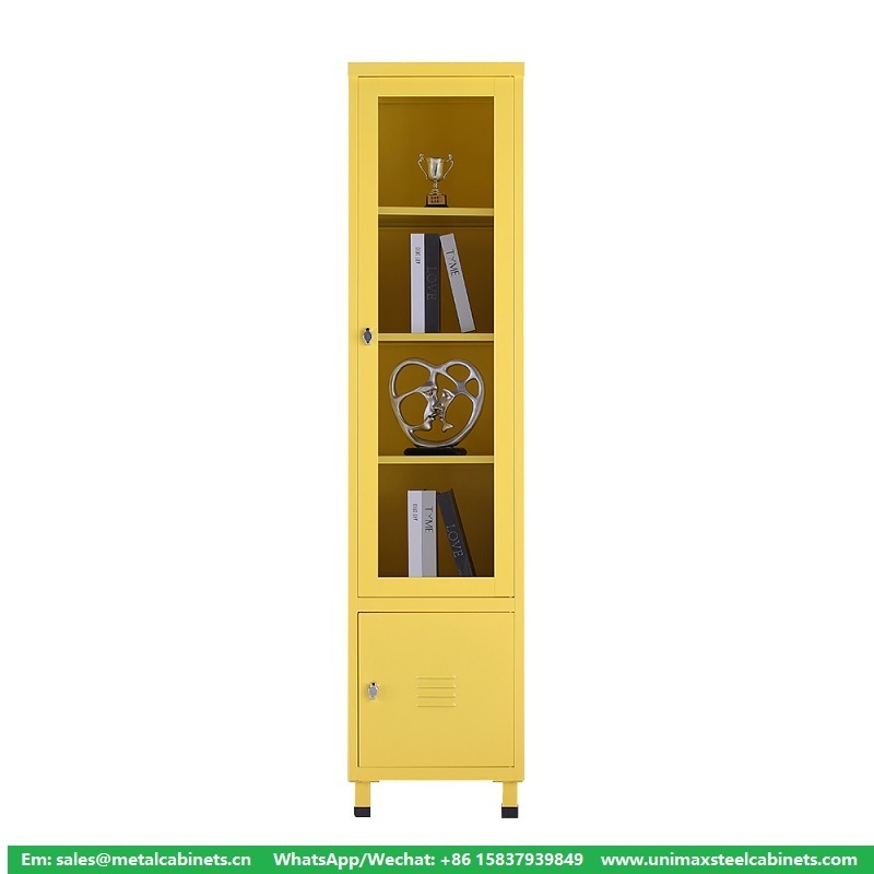 Tall Thin metal wall cabinet with glass door and adjustable shelves Slim cupboard bathroom