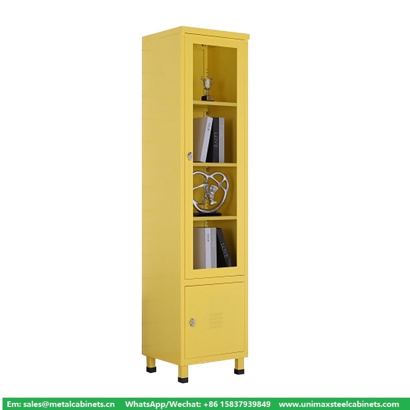 Tall Thin metal wall cabinet with glass door and adjustable shelves Slim cupboard bathroom