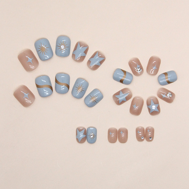 Short Square Blue Press On Nails Boxed Fake Nail Star Design Glitter False High Quality Full Cover Artificial Nail With Glue