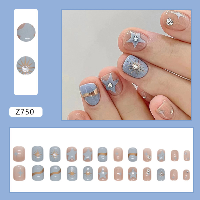 Short Square Blue Press On Nails Boxed Fake Nail Star Design Glitter False High Quality Full Cover Artificial Nail With Glue