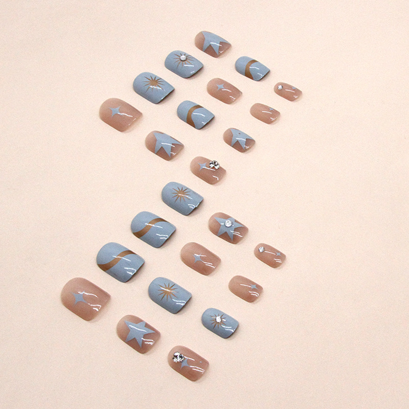 Short Square Blue Press On Nails Boxed Fake Nail Star Design Glitter False High Quality Full Cover Artificial Nail With Glue