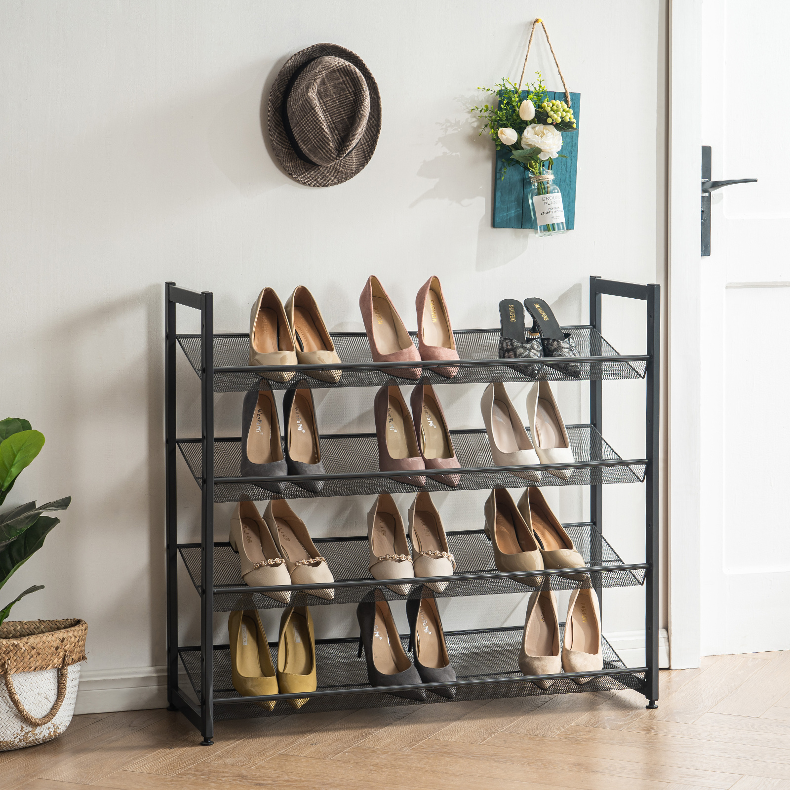 Shoe Rack2- 4Tier Metal Shoe Tower 20-Pair Shoe Storage Organizer Unit Entryway Shelf Cabinet with 4 Tiers Durable Metal