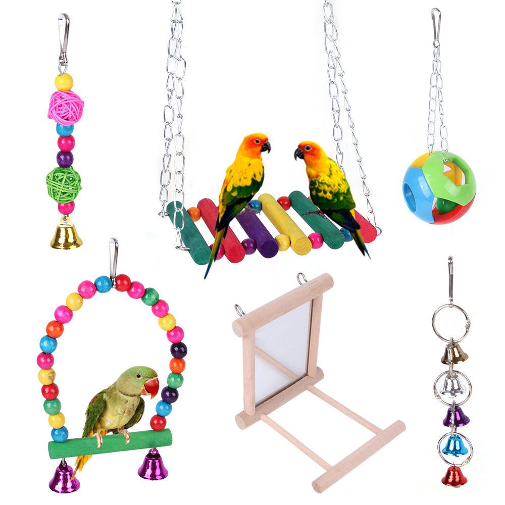 10 Pack Bird Cage Toys for Parrots Reliable  Swing Hanging Chewing Bite Bridge Wooden Beads Ball Bell Toys