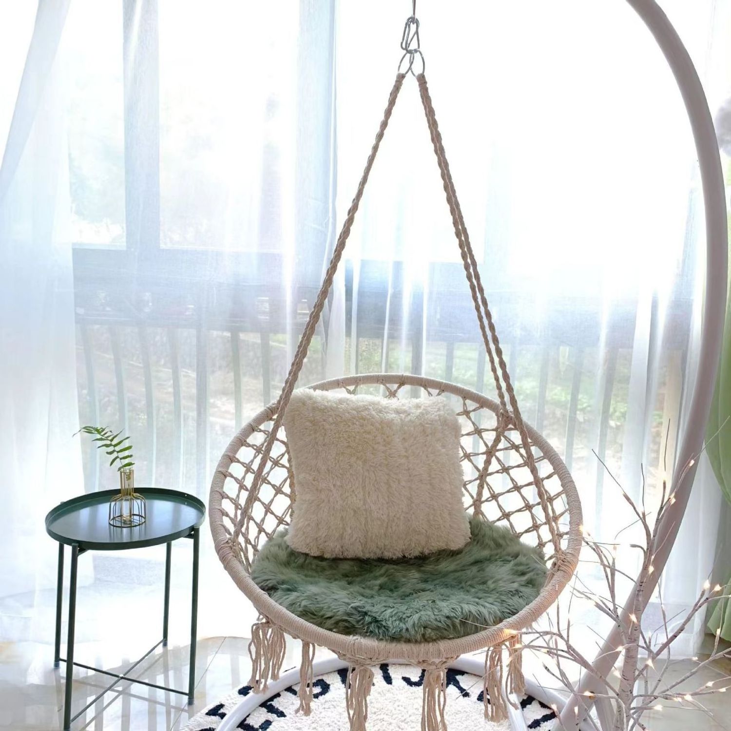 Outdoor Garden Camping Patio Folding Portable Mesh Cotton Hanging Rope Round macrame Hammock Swing Chair