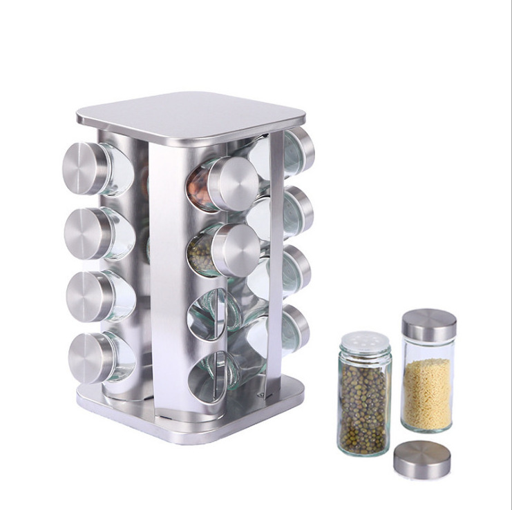 Stainless steel Jar Set Rack Sugar Pepper Bottles Salt Shakers Rotating Spice Rack Organizer