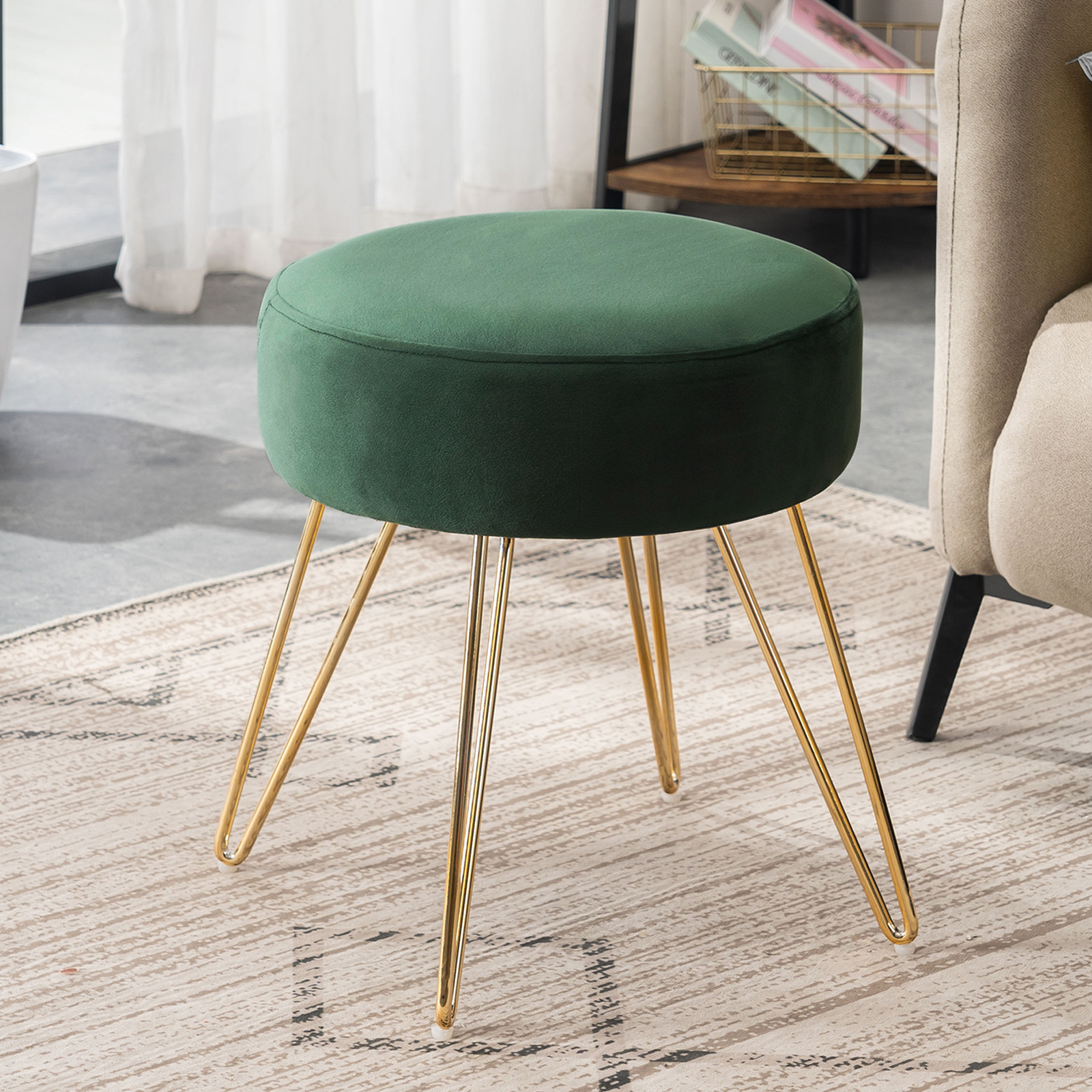 Custom living room furniture round pouf modern velvet storage cloud ottoman fabric stool with metal legs and coffee table