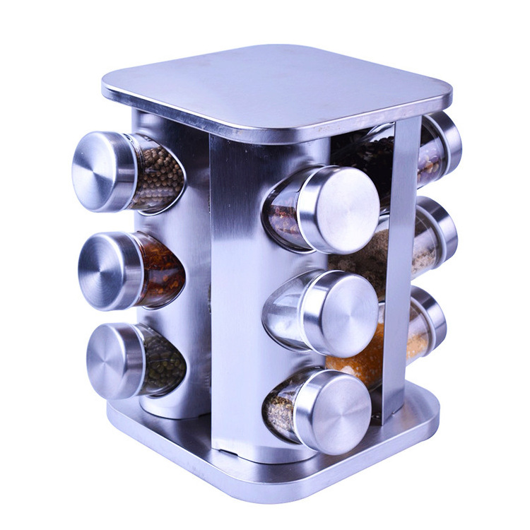 12 glass jars with 360 degree rotating stainless steel spice container rack set with spices glass bottles