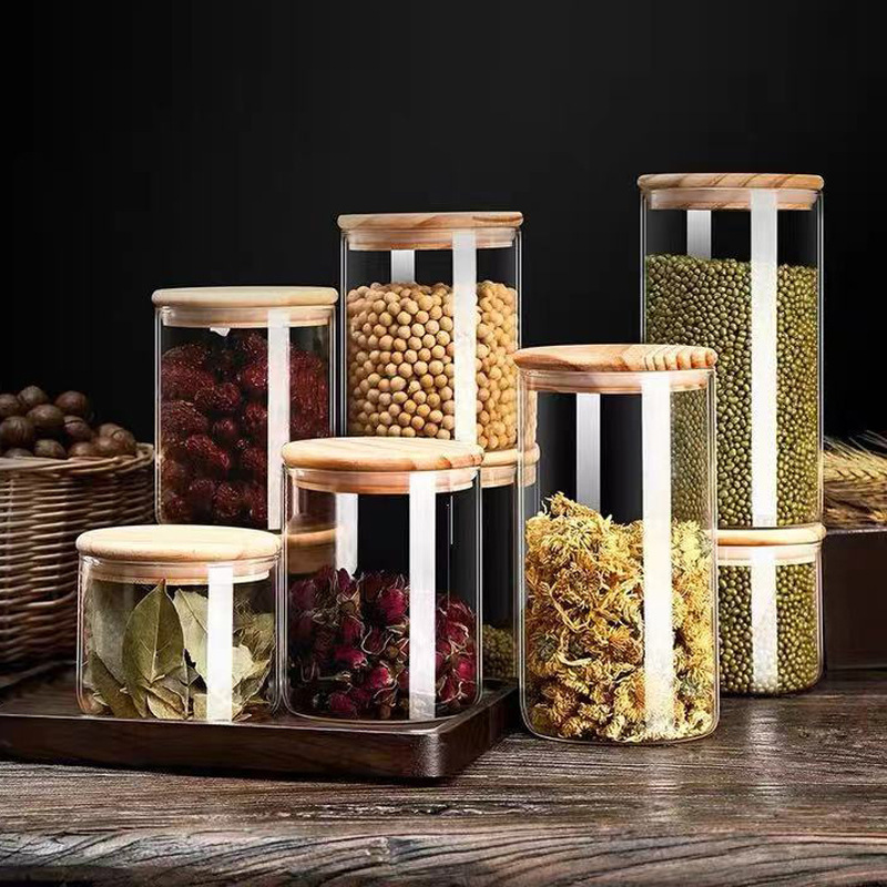 Wholesale air-tight empty kitchen glass jars Canister Container kitchen pantry organizer with bamboo wood lid