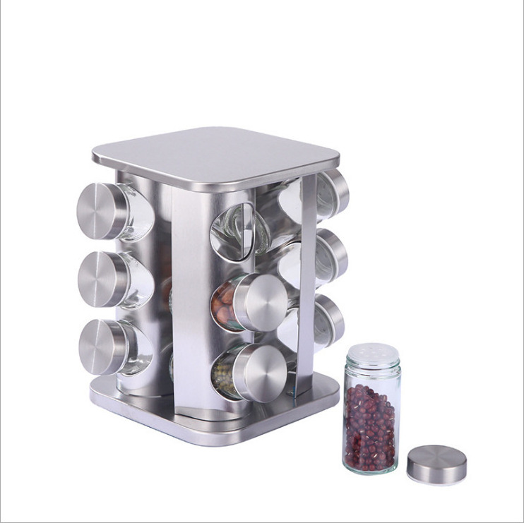 Stainless steel Jar Set Rack Sugar Pepper Bottles Salt Shakers Rotating Spice Rack Organizer