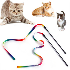 New Arrival Funny Cat Teaser Stick With Colorful Ribbon Cat Feather Rod Toy Wand Playing Cat Teaser Stick