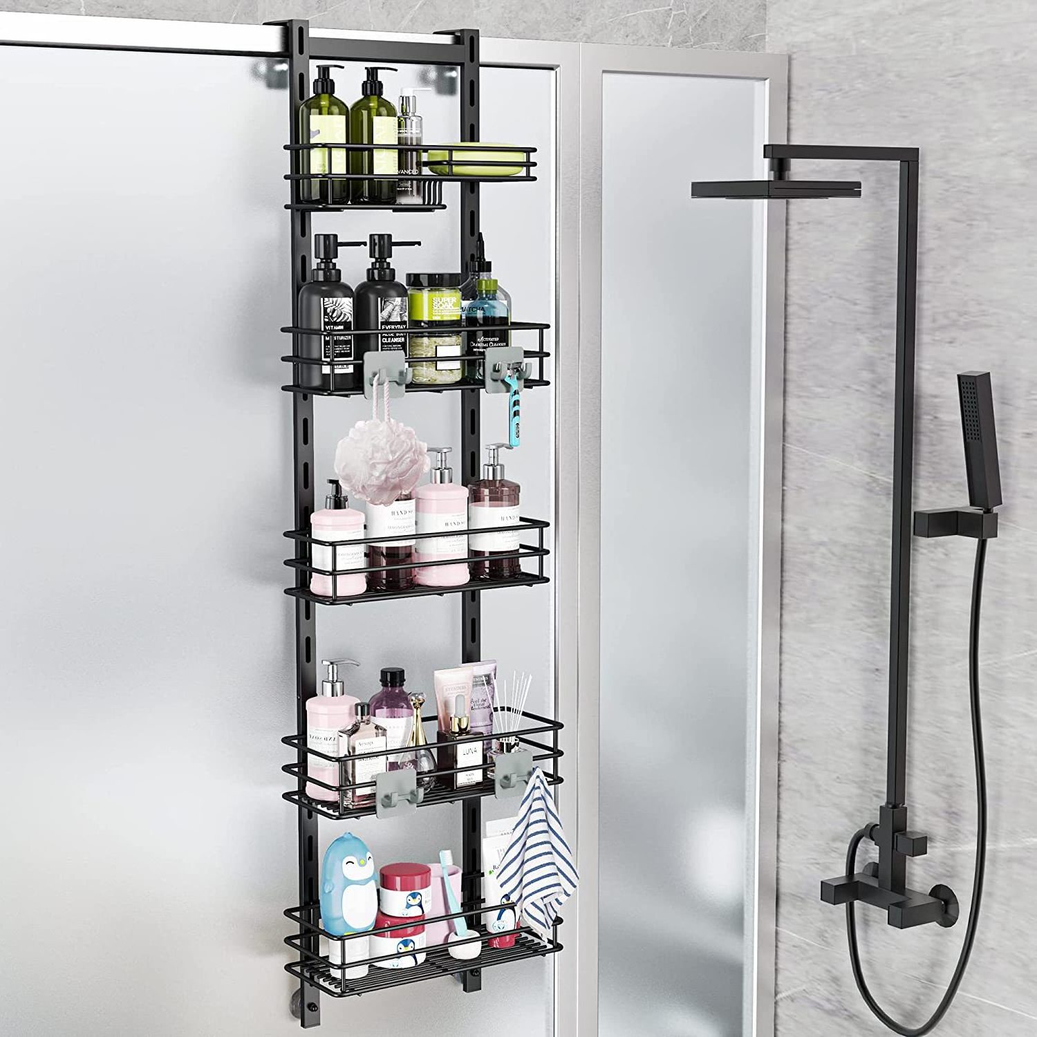 Adjustable Hanging Organizer Shelf Rustproof with Hook Shampoo Holder Bathroom Shelf with Soap Holder