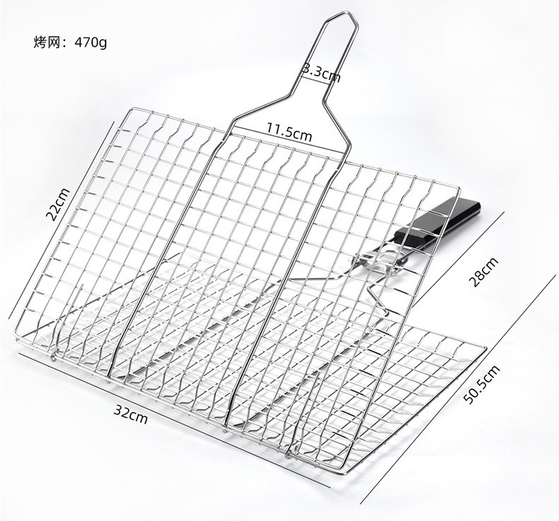 Customized Quality Barbecue Kits Wood Handle Nonstick Solid Stainless Steel Bbq Grill Basket for Outdoor Grill