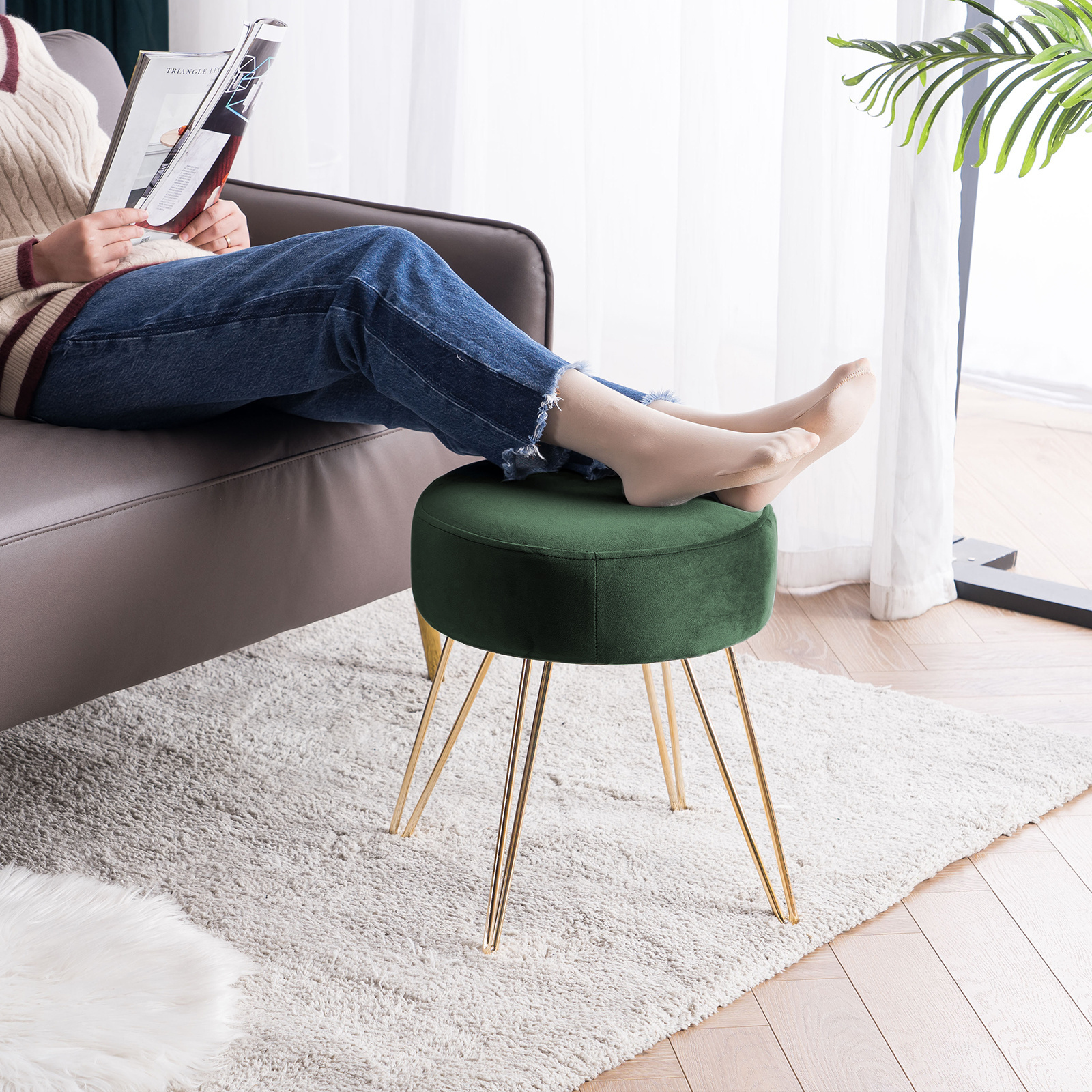 Custom living room furniture round pouf modern velvet storage cloud ottoman fabric stool with metal legs and coffee table