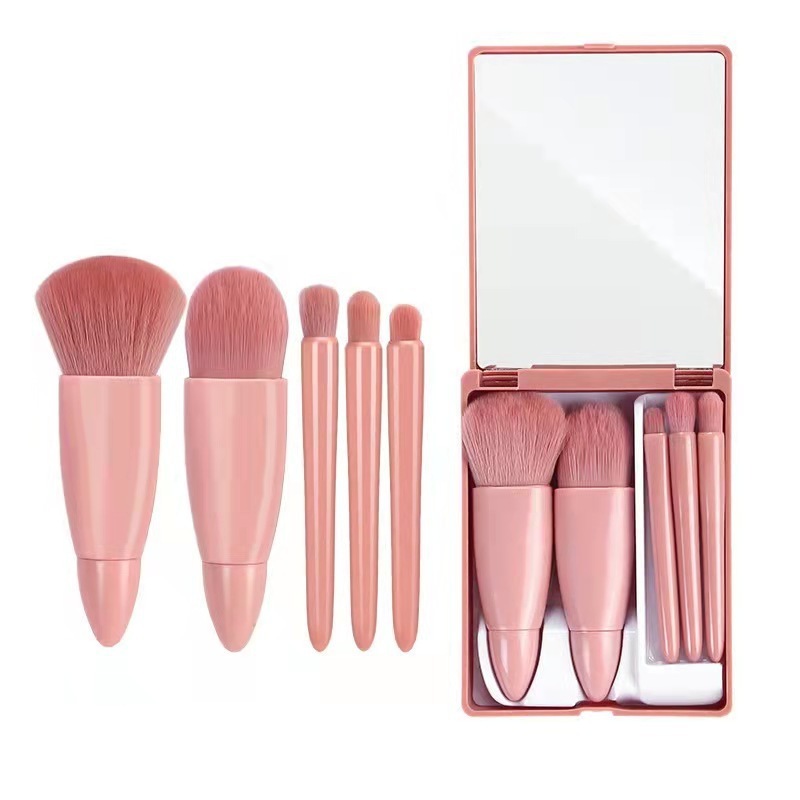 BEAU FLY 5pcs Foundation Powder Blusher Brush Portable Travel Mini Makeup Cosmetic Brushes Sets Makeup Brush Mirror Set