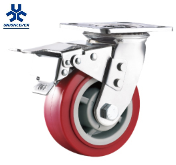 Heavy Duty Industrial Red PU Trolley Plate Caster And Polyurethane Wheel With Brake