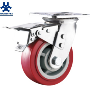 Heavy Duty Industrial Red PU Trolley Plate Caster And Polyurethane Wheel With Brake