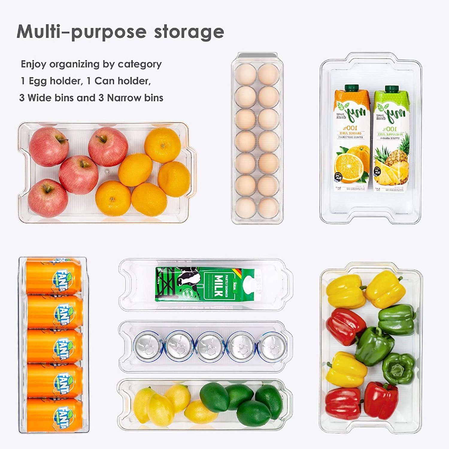 8 Pieces BPA-Free Clear Plastic Refrigerator Pantry Fridge Organizer Bins Kitchen Cabinets for Freezer and Pantry