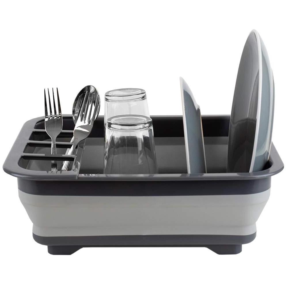 Foldable Kitchen Silicone Collapsible Dish Drying Rack with Cutlery Holder for Tableware Storage