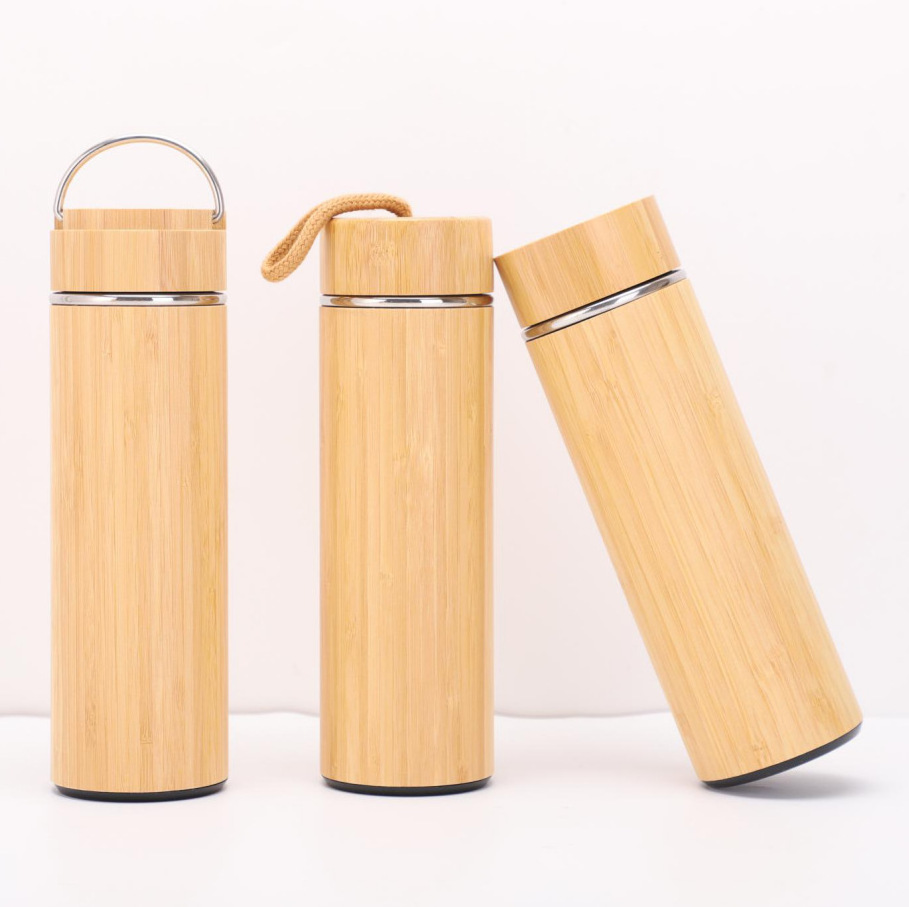 Hot Sale Premium Bamboo Stainless Steel Vacuum Insulated Thermo Bottle 500ML Double Walled Coffee Tea Infuser Tumbler Flask