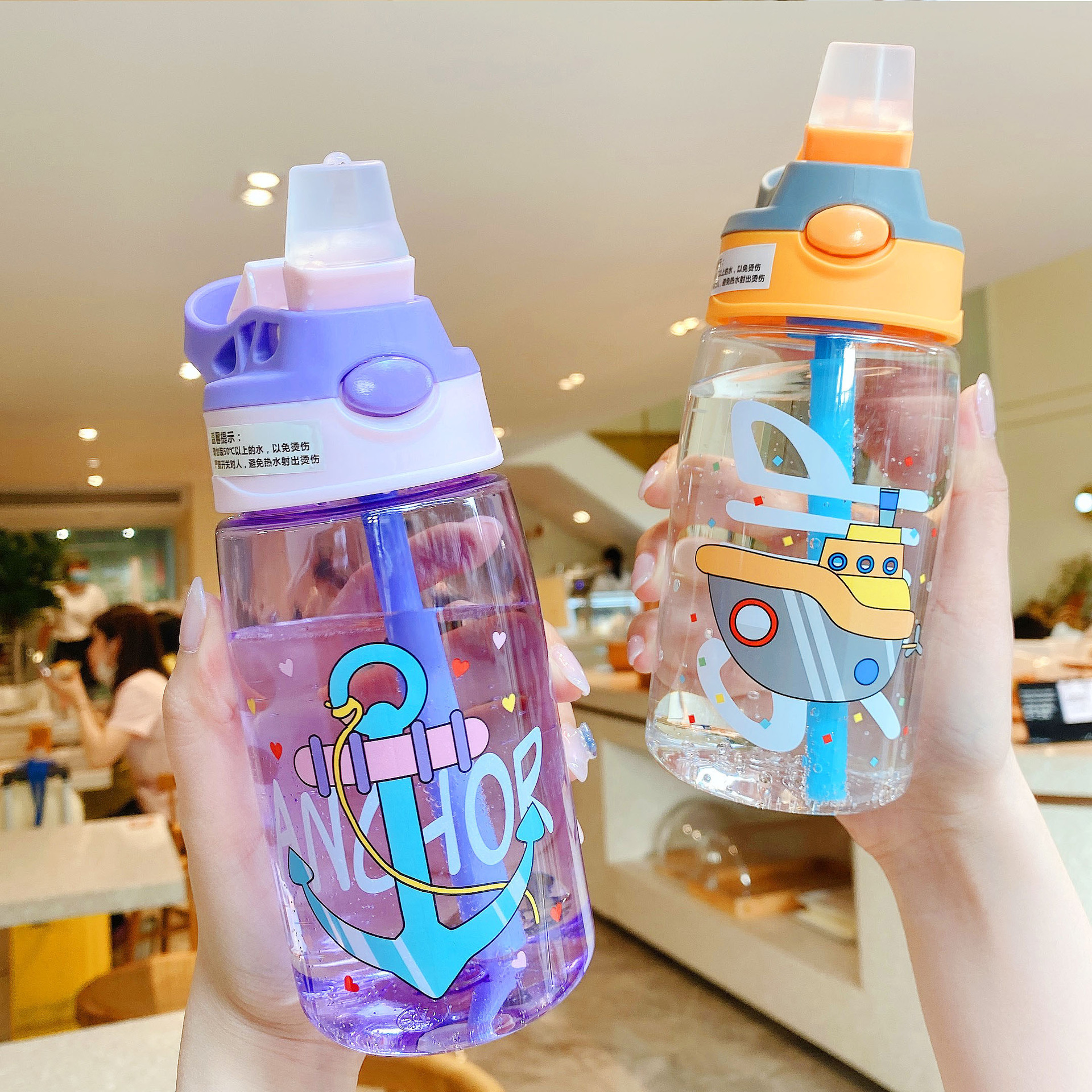 Hot Sale 480ml Plastic Kids Water Bottle Cute Printing Child Drinking Water Bottle With Straw